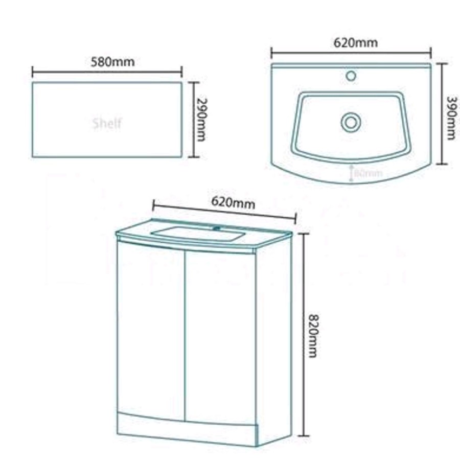 620mm Floor Standing Basin Vanity Unit - White Double Door - Voss
