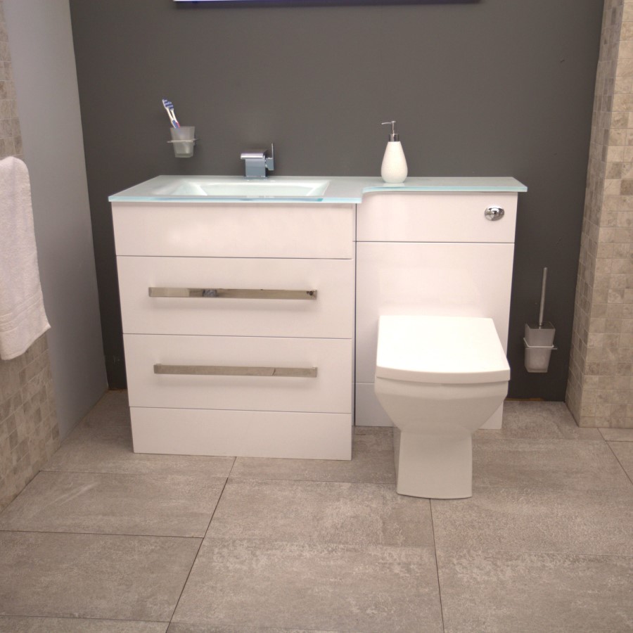 Left Handed Combination Unit with Tabor Toilet - 2 Drawer White Basin Cabinet - Vigo Range