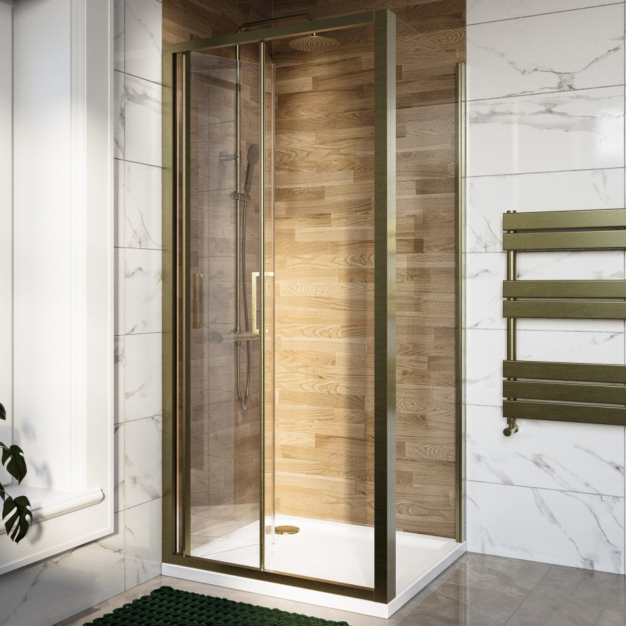 900x800mm Brushed Brass 6mm Glass Rectangular Bi-Fold Shower Enclosure - Carina