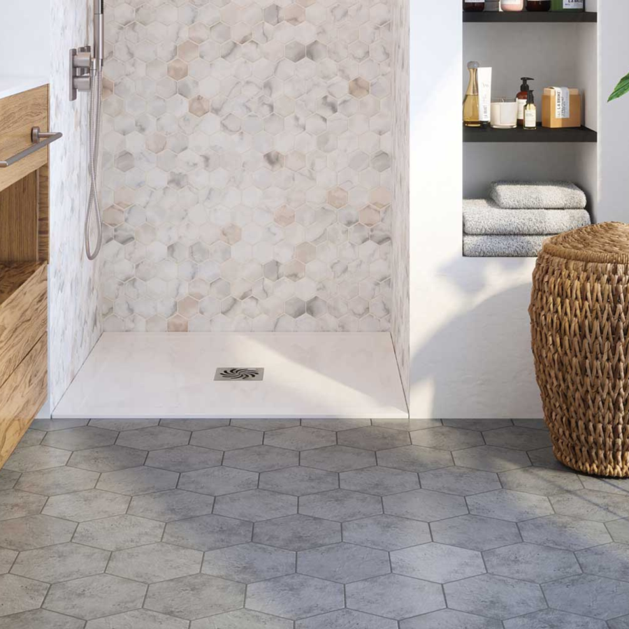 900mm Square Ultra Low-Profile Profile Shower Tray 25mm with Waste - White Stone Resin - Harmony