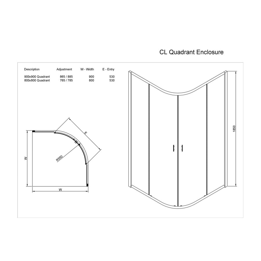Claritas Glass Quadrant Shower Screen Enclosure with Tray & Waste - 900 x 900mm