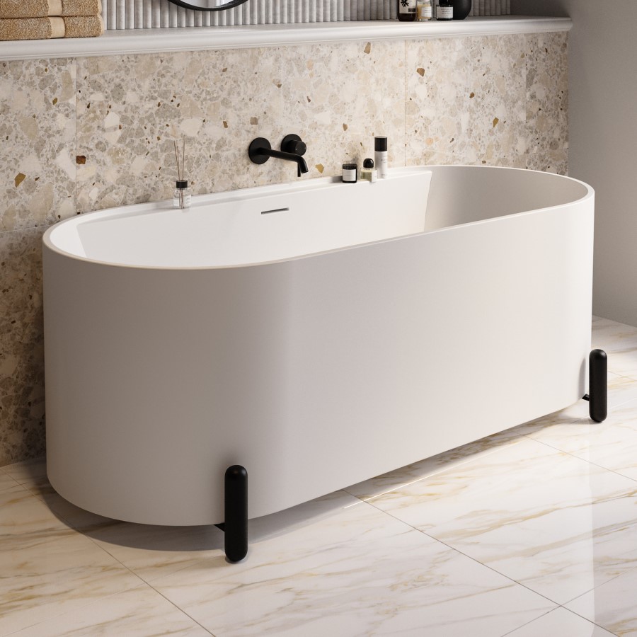 Matt White Freestanding Double Ended Bath with Ledge and Black Feet 1700 x 765mm - Clara
