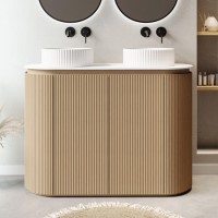 1200mm Wooden Curved Fluted Freestanding Double Countertop Vanity Unit with Basins - Matira 1200mm Wooden Curved Fluted Freestanding Double Countertop Vanity Unit with Basins - Matira