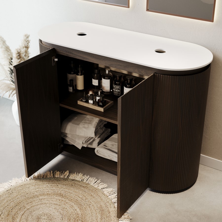 1200mm Walnut Wood Effect Curved Fluted Freestanding Double Countertop Vanity Unit - Matira