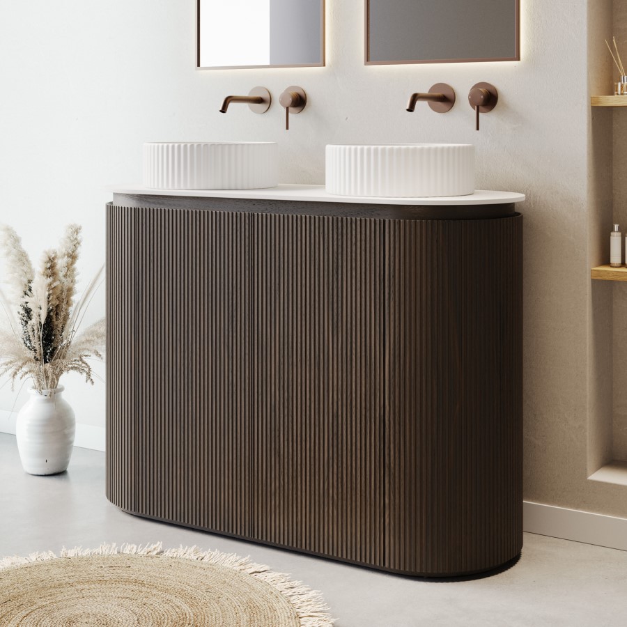 1200mm Walnut Wood Effect Curved Fluted Freestanding Double Countertop Vanity Unit with Basin - Matira