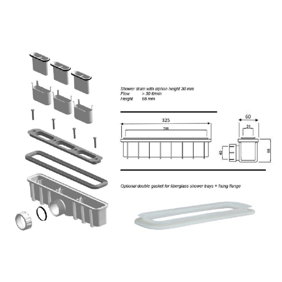 White 1000x800 30mm Slimmine Tray w/  Linear Waste - Coast 