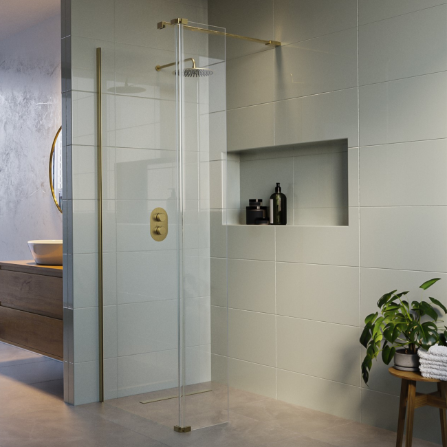 1000mm Brushed Brass Frameless Wet Room Shower Screen with Flipper Panel - Corvus
