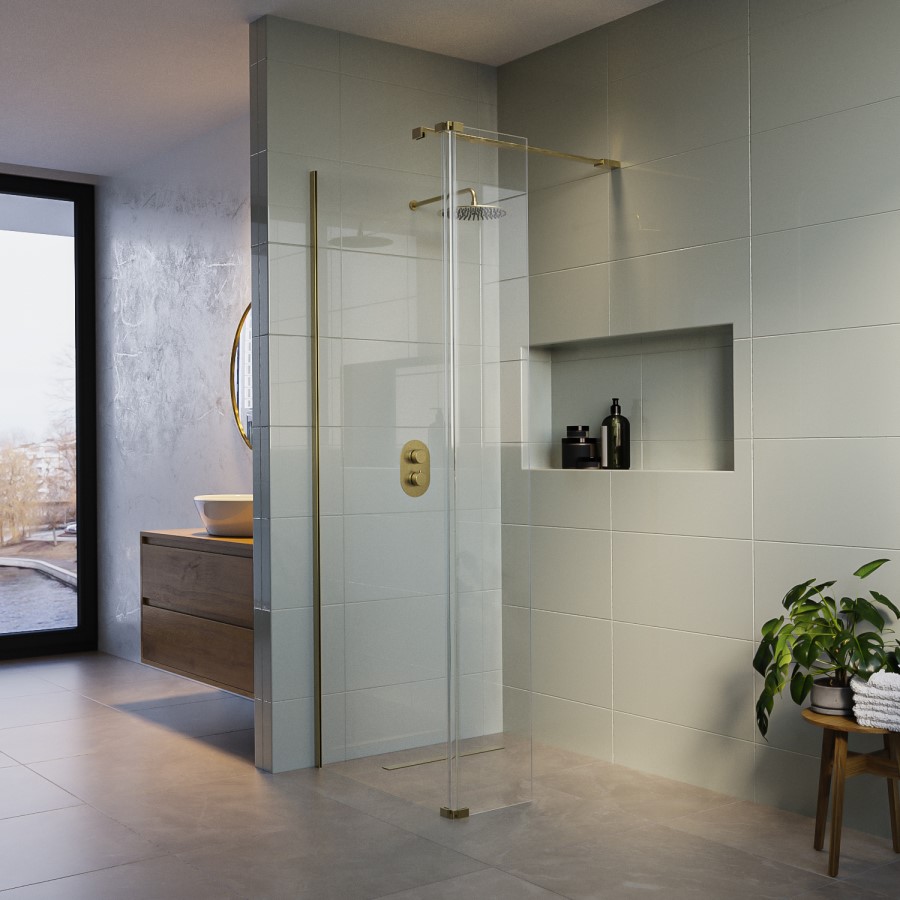 1100mm Brushed Brass Shower Screen for Wet Room & Walk In Shower with 300mm Fixed Panel – Corvus