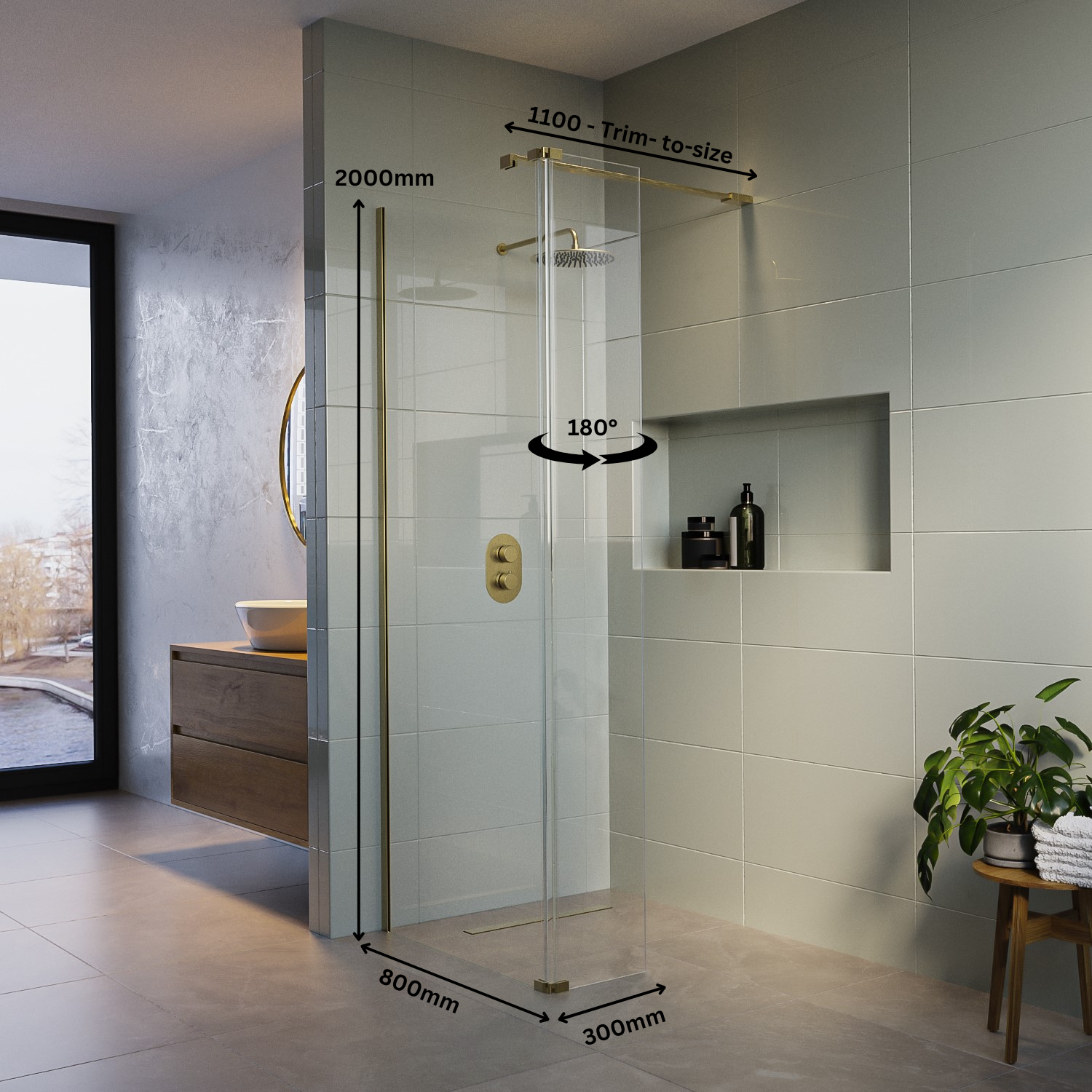 800mm Brushed Brass Frameless Wet Room Shower Screen with 300mm