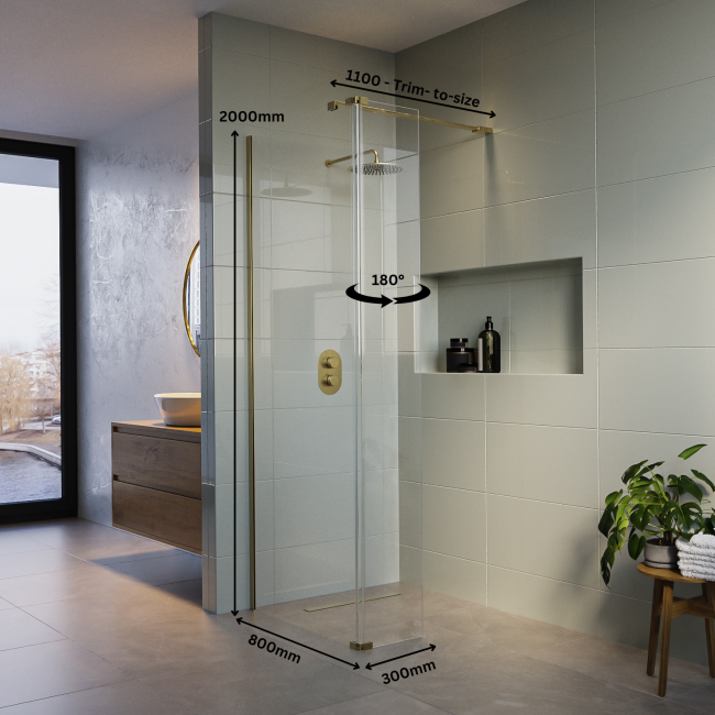 800mm Brushed Brass Frameless Wet Room Shower Screen with Flipper Panel - Corvus