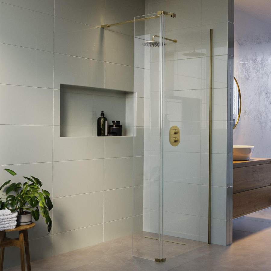 1100mm Brushed Brass Shower Screen for Wet Room & Walk In Shower with 300mm Fixed Panel – Corvus