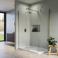 1400x800mm Brushed Brass Walk In Shower Screen Enclosure with 300mm Hinged Flipper Panel and Shower Tray - Corvus