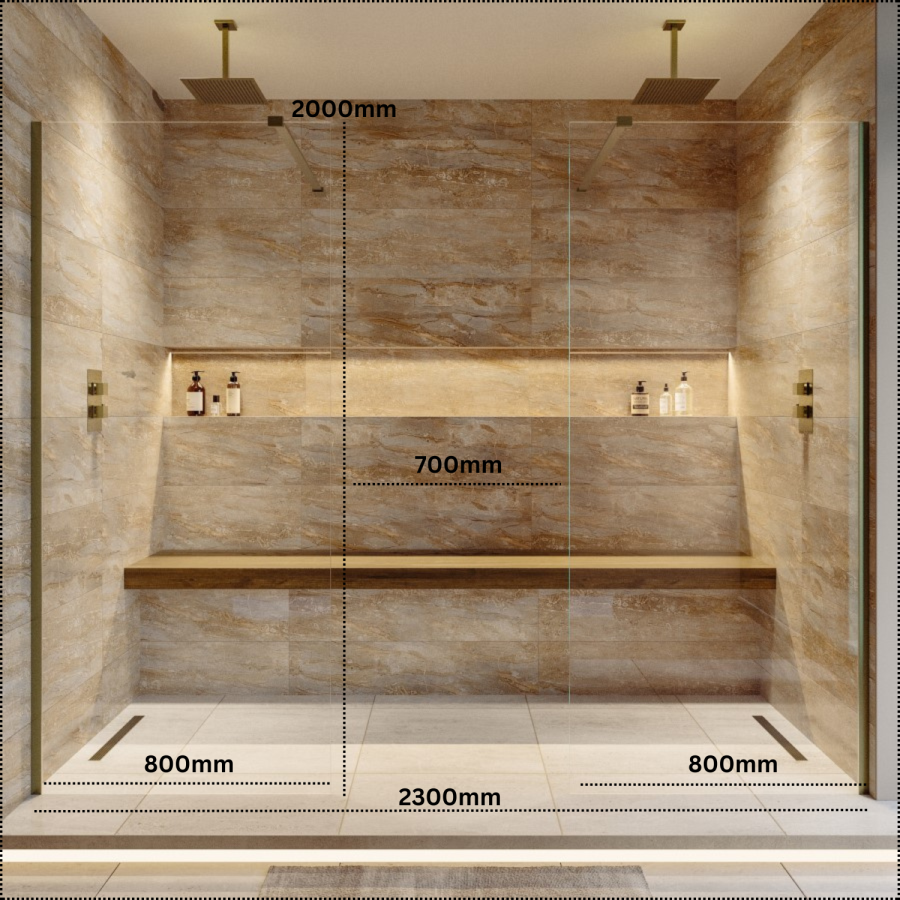 2300mm Brushed Brass Double Shower Screen for Wet Room & Walk In Shower – Corvus