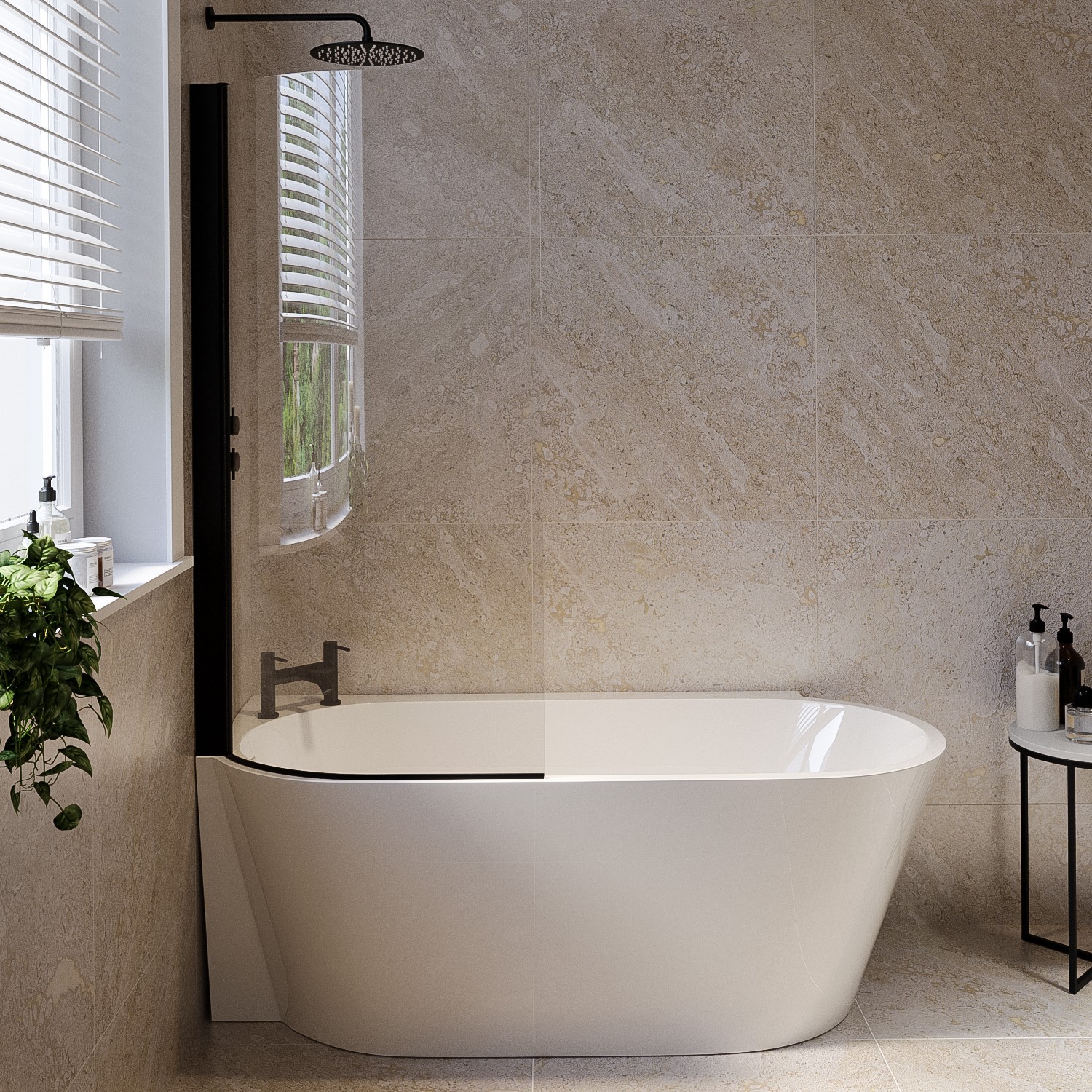 Cove White Freestanding Shower Bath Single Ended Left Hand Corner With Black Bath Screen 1600 X 780Mm