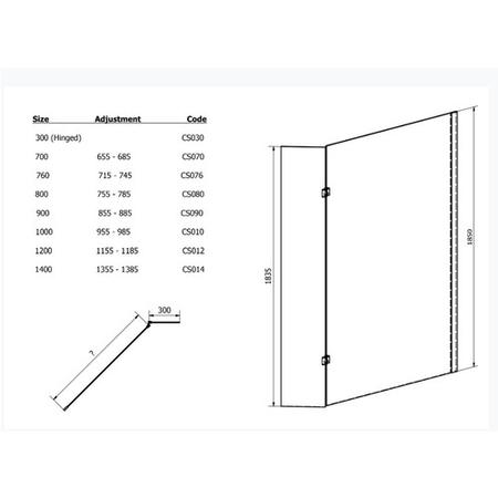 700mm Walk In Shower Screen with 300mm Hinged Return Screen - 8mm Glass