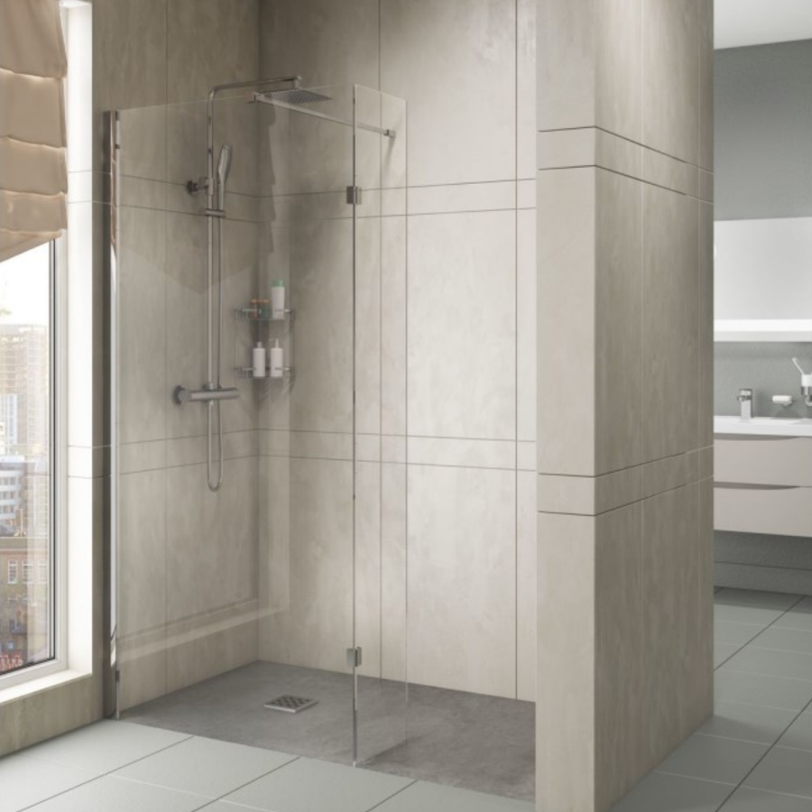 900 Walk In Shower Screen with 300 Hinged Return Screen - 8mm Glass