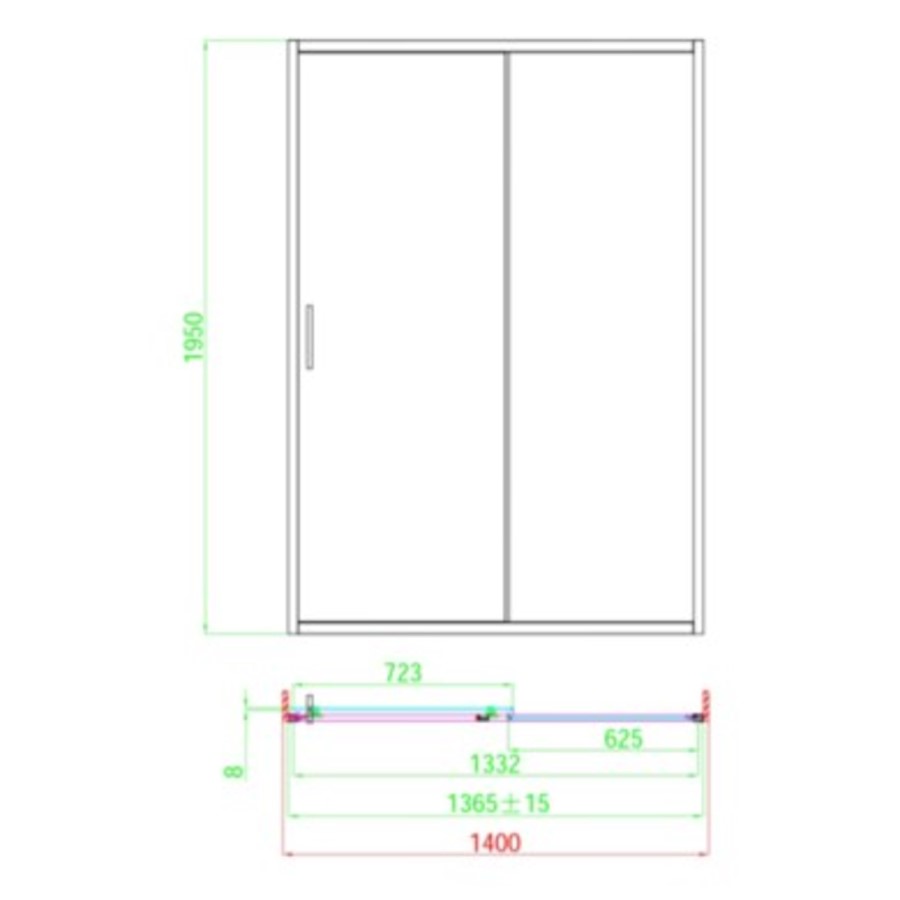 1400mm Chrome Frameless Sliding Door Shower Enclosure 8mm Glass + Wall Support Bar - Denver