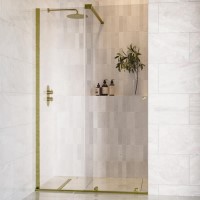1400mm Brushed Brass Sliding Shower Door + Wall Support Bar 8mm Glass - Denver 1400mm Brushed Brass Sliding Shower Door + Wall Support Bar 8mm Glass - Denver