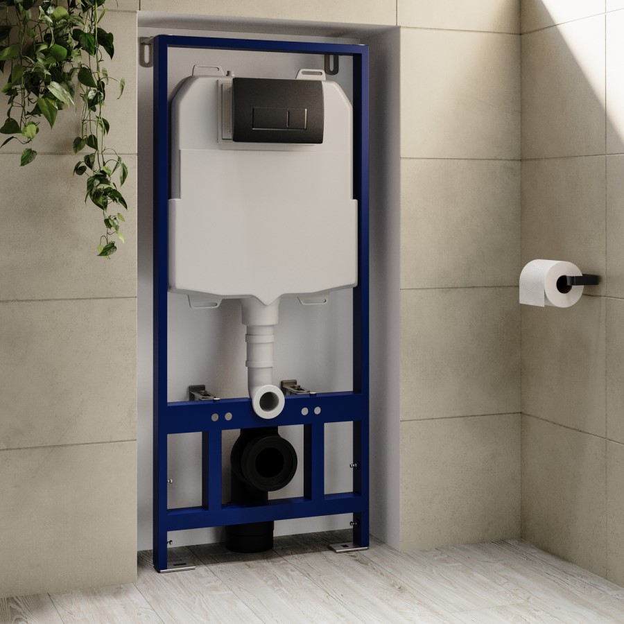 Wall Hung Toilet with Soft Close Toilet Seat, Gunmetal Pneumatic Flush Plate, 1168mm Frame & Cistern - Newport