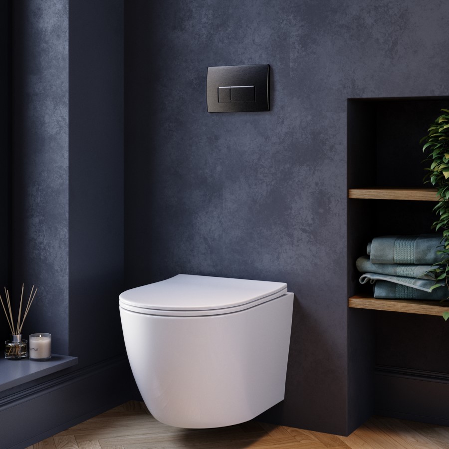 Wall Hung Toilet with Soft Close Seat, Gunmetal Pneumatic Flush Plate, 1168mm Frame & Cistern - Roma