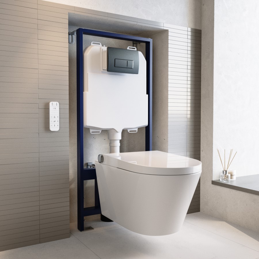 Wall Hung Smart Bidet Toilet with Gunmetal Flush Plate & 1168mm Frame & Cistern - Purificare 