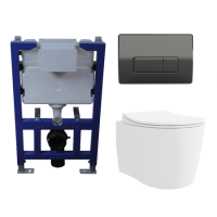 Wall Hung Toilet with Soft Close Toilet Seat, Gunmetal Pneumatic Flush Plate, 820mm Frame & Cistern - Alcor