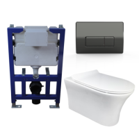 Wall Hung Toilet with Soft Close Toilet Seat, Gunmetal Pneumatic Flush Plate, 820mm Frame & Cistern - Indiana