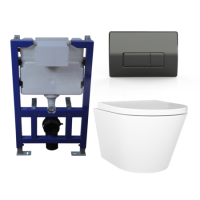 Wall Hung Toilet with Soft Close Toilet Seat, Gunmetal Pneumatic Flush Plate, 820mm Frame & Cistern - Newport