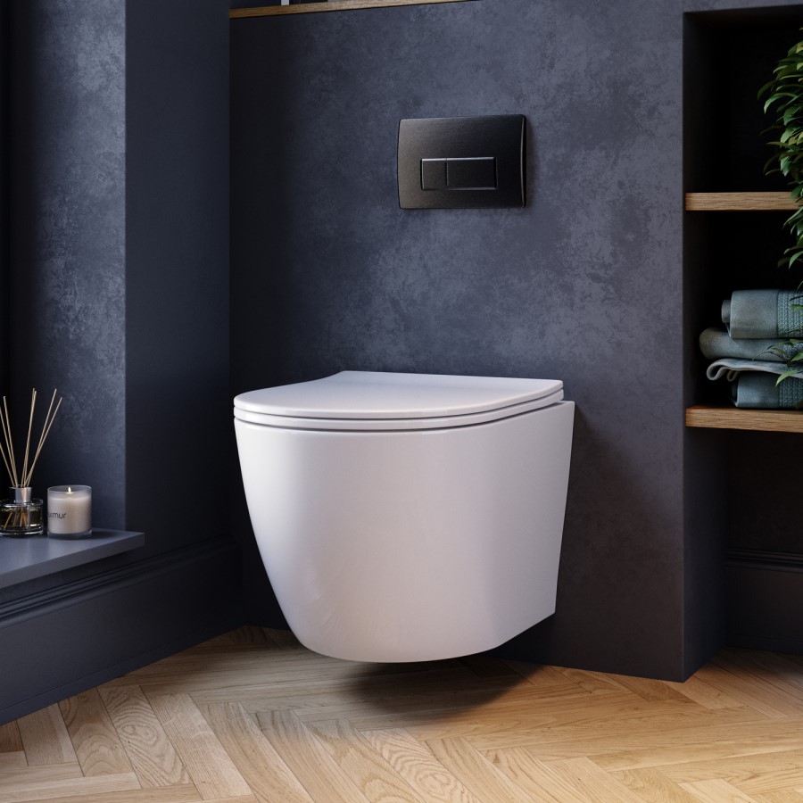 Wall Hung Toilet with Soft Close Seat, Gunmetal Pneumatic Flush Plate, 820mm Frame & Cistern - Roma