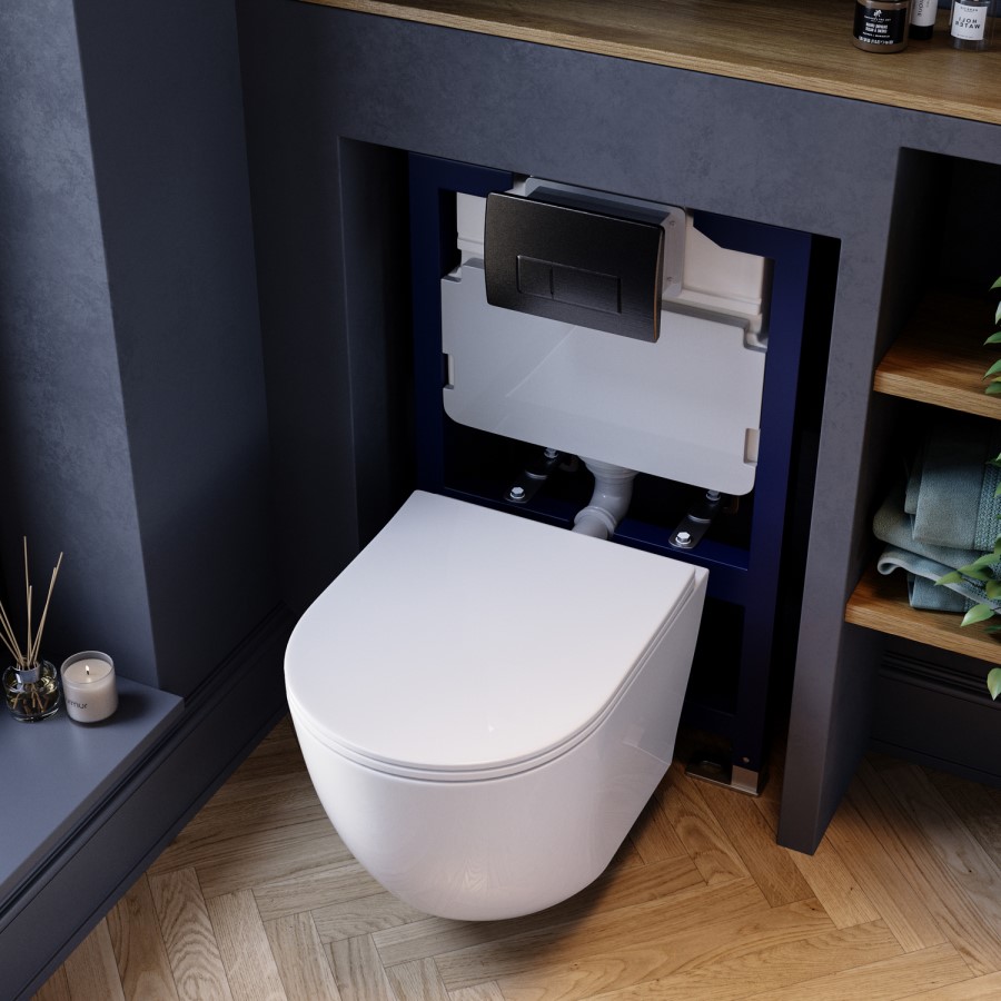 Wall Hung Toilet with Soft Close Seat, Gunmetal Pneumatic Flush Plate, 820mm Frame & Cistern - Roma