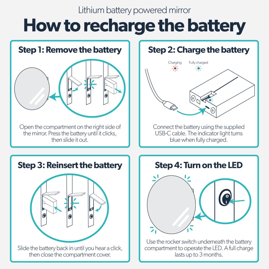 Round Backlit Bathroom Mirror with Battery Operated Lights 800mm - Elio