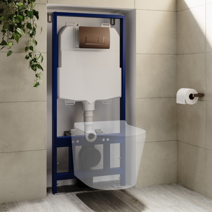 1160mm Wall Hung Toilet Frame with Brushed Bronze Pneumatiic Flush Plate & Concealed Cistern - Elira