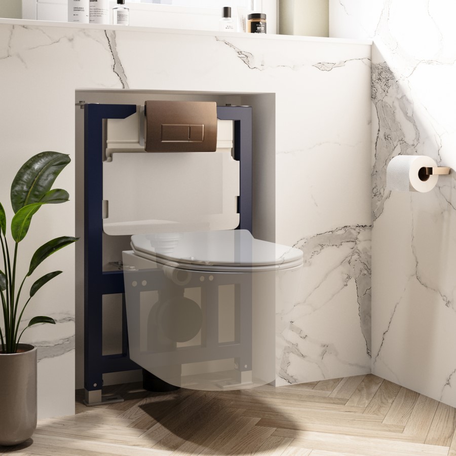 820mm Wall Hung Toilet Frame with Brushed Bronze Pneumatic Flush Plate & Concealed Cistern - Elira