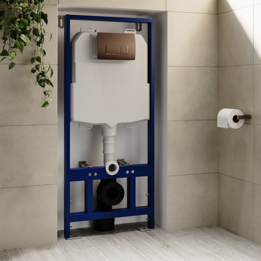 Matt Black Wall Hung Toilet with Soft Close Toilet Seat, Brushed Bronze Pneumatic Flush Plate, 1168mm Frame & Cistern - Newport