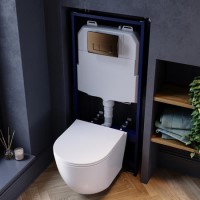 Wall Hung Toilet with Soft Close Seat, Brushed Bronze Pneumatic Flush Plate, 1168mm Frame & Cistern - Roma