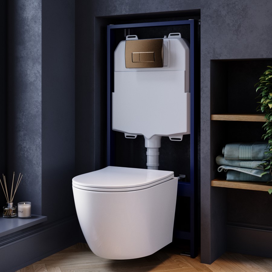 Wall Hung Toilet with Soft Close Seat, Brushed Bronze Pneumatic Flush Plate, 1168mm Frame & Cistern - Roma