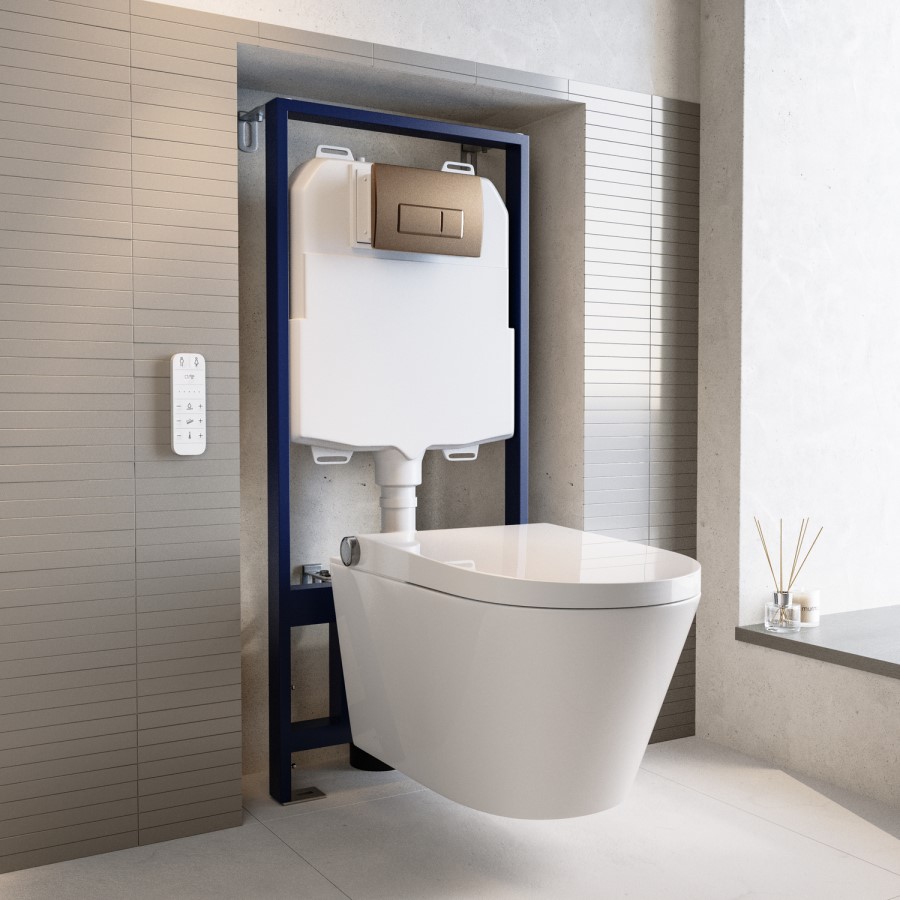 Wall Hung Smart Bidet Toilet with Brushed Bronze Flush Plate & 1168mm Frame & Cistern - Purificare