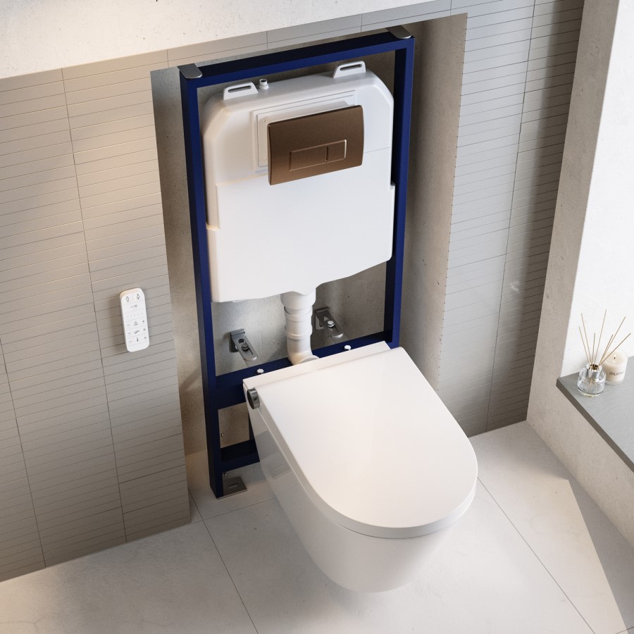 Wall Hung Smart Bidet Japanese Toilet with Heated Seat & Brushed Bronze Pneumatic Flush Plate, 1168mm Frame & Cistern - Purificare