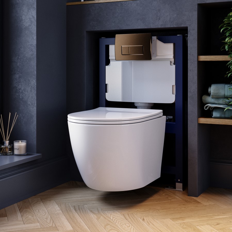 Wall Hung Toilet with Soft Close Seat, Brushed Bronze Pneumatic Flush Plate, 820mm Frame & Cistern - Roma