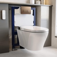 Wall Hung Smart Bidet Japanese Toilet with Heated Seat & Brushed Bronze Pneumatic Flush Plate, 820mm Frame & Cistern - Purificare