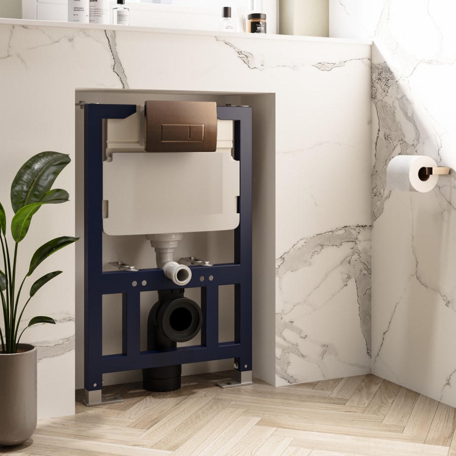 Wall Hung Smart Bidet Japanese Toilet with Heated Seat & Brushed Bronze Pneumatic Flush Plate, 820mm Frame & Cistern - Purificare