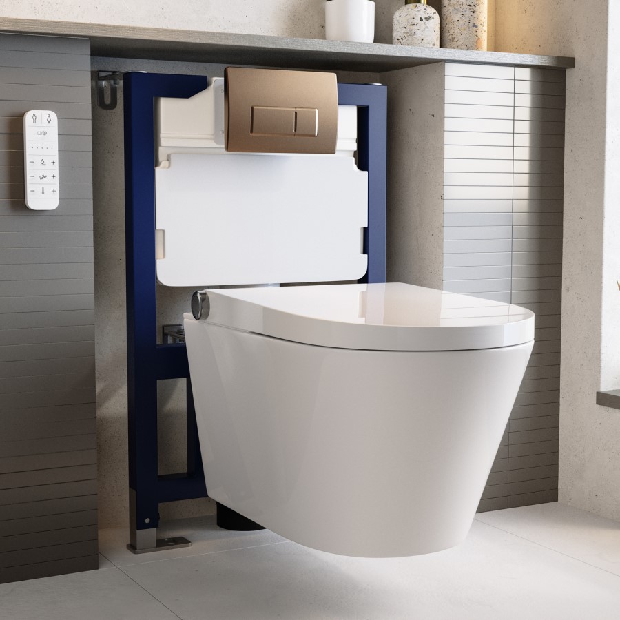 Wall Hung Smart Bidet Japanese Toilet with Heated Seat & Brushed Bronze Pneumatic Flush Plate, 820mm Frame & Cistern - Purificare