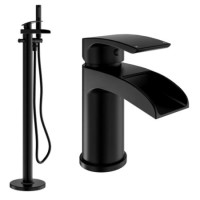 Black Waterfall Basin Mixer Tap & Freestanding Tap Pack - Elina Black Waterfall Basin Mixer Tap & Freestanding Tap Pack - Elina