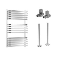 Chrome Curved Towel Radiator 740 x 500mm with Pipe Kit and Straight Valves - Ember