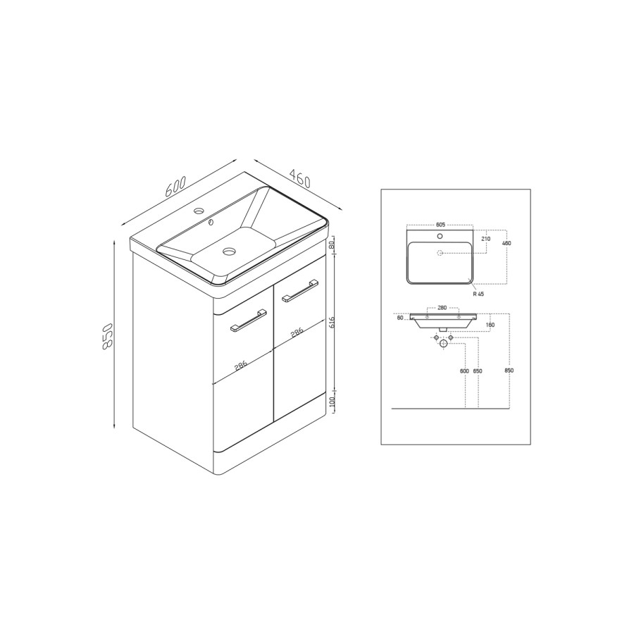 600mm Dark Grey Freestanding Vanity Unit with Basin - Camborne