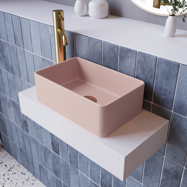 560mm Matt White Wall Hung Floating Basin Shelf and Pink Basin - Evora