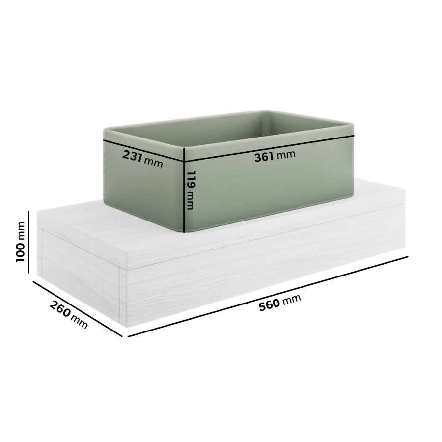560mm Matt White Wall Hung Floating Basin Shelf and Green Basin - Evora