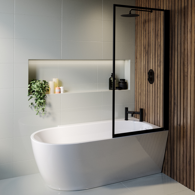 Freestanding Shower Bath Single Ended Right Hand Corner with Black Framed Bath Screen 1650 x 780mm - Faro