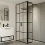 Black Grid Wet Room Shower Screen with Wall Support Bar & Hinged Return Panel 800mm - Nova