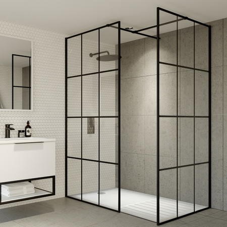 Black 1600mm Grid Walk in Shower Enclosure with Tray & Return Panel ...